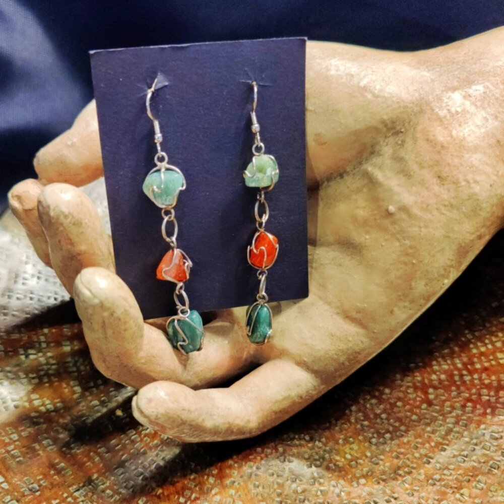 Handmade Genuine Raw Orange & Dark Green Gemstone Wire Wrapped Earrings